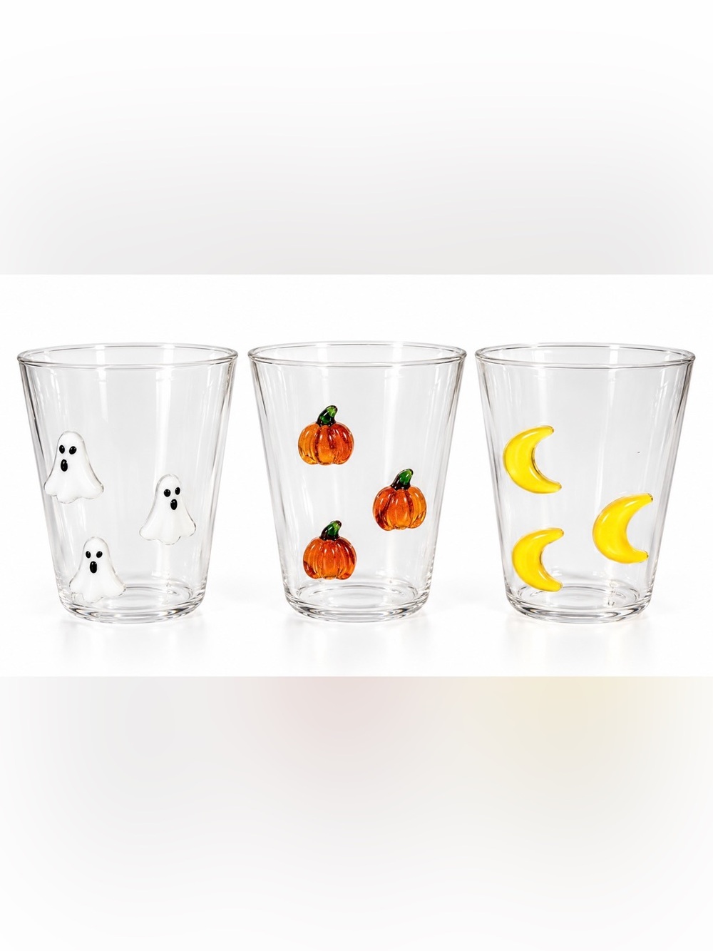 Anthropologie Halloween Juice Glasses Tumblers Ghost Pumpkin Moon 3D Handblown